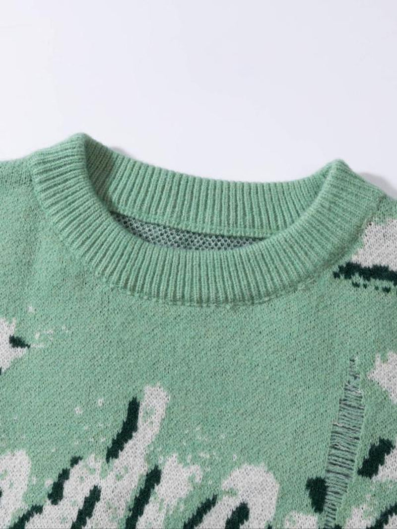 Unisex Letter Print Ripped Sweater, Men'S Loose Casual Long Sleeve round Neck Jumper for Spring & Fall, Fashion Men'S Knitwear for Daily Wear