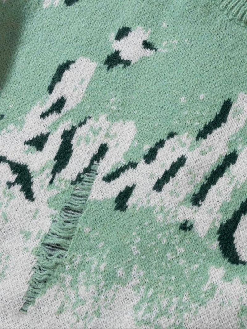 Unisex Letter Print Ripped Sweater, Men'S Loose Casual Long Sleeve round Neck Jumper for Spring & Fall, Fashion Men'S Knitwear for Daily Wear