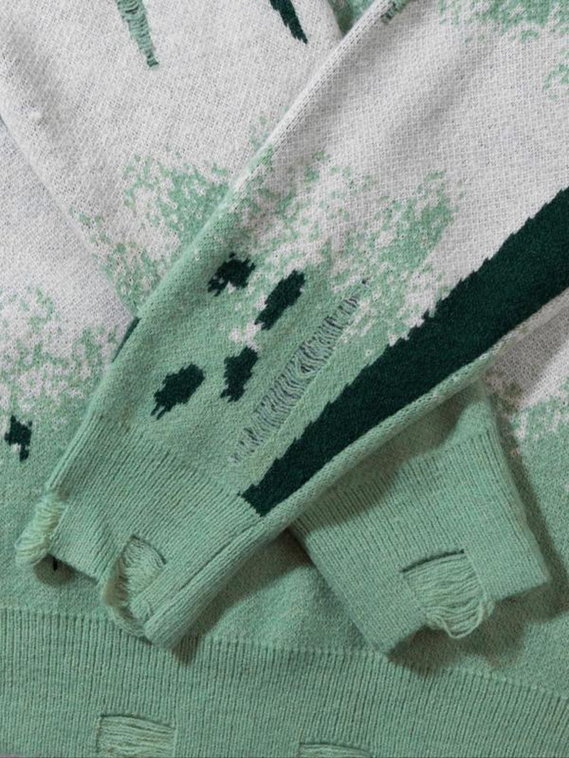 Unisex Letter Print Ripped Sweater, Men'S Loose Casual Long Sleeve round Neck Jumper for Spring & Fall, Fashion Men'S Knitwear for Daily Wear