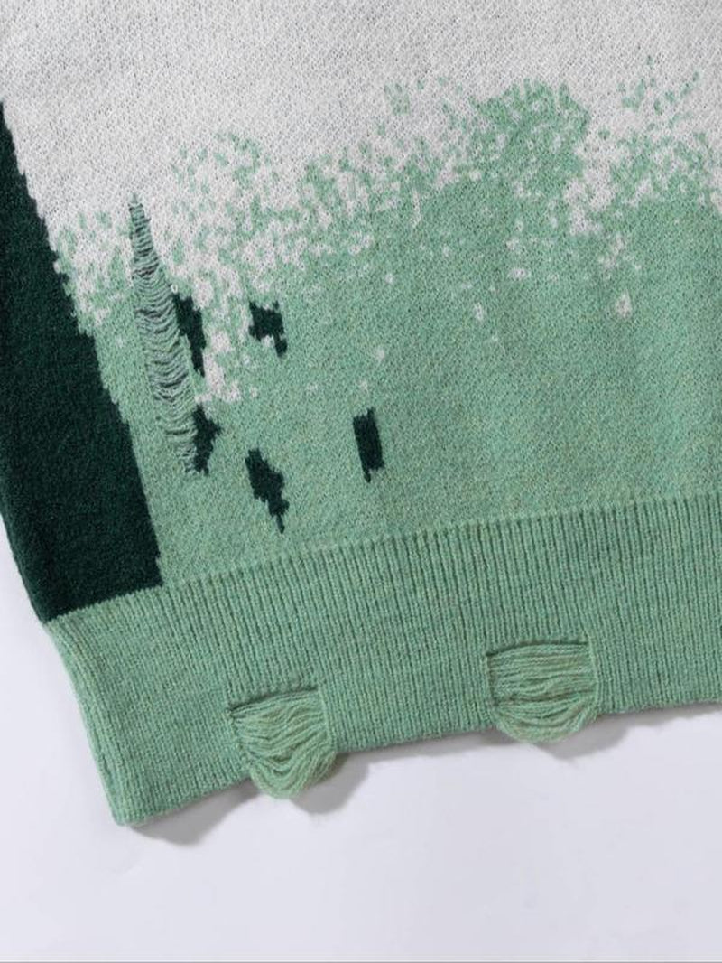 Unisex Letter Print Ripped Sweater, Men'S Loose Casual Long Sleeve round Neck Jumper for Spring & Fall, Fashion Men'S Knitwear for Daily Wear