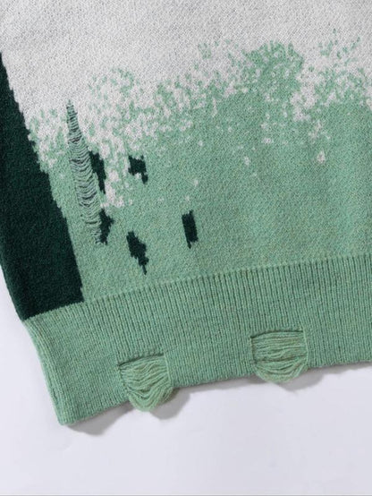 Unisex Letter Print Ripped Sweater, Men'S Loose Casual Long Sleeve round Neck Jumper for Spring & Fall, Fashion Men'S Knitwear for Daily Wear