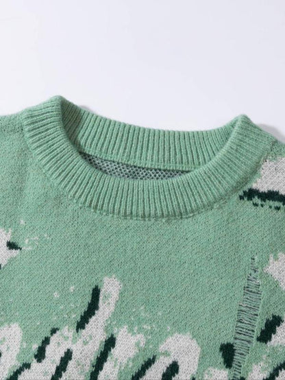 Unisex Letter Print Ripped Sweater, Men'S Loose Casual Long Sleeve round Neck Jumper for Spring & Fall, Fashion Men'S Knitwear for Daily Wear