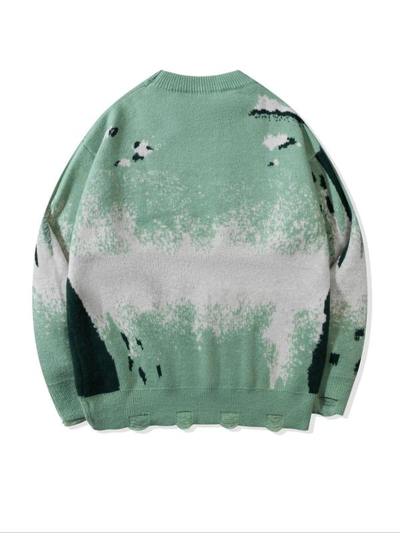 Unisex Letter Print Ripped Sweater, Men'S Loose Casual Long Sleeve round Neck Jumper for Spring & Fall, Fashion Men'S Knitwear for Daily Wear