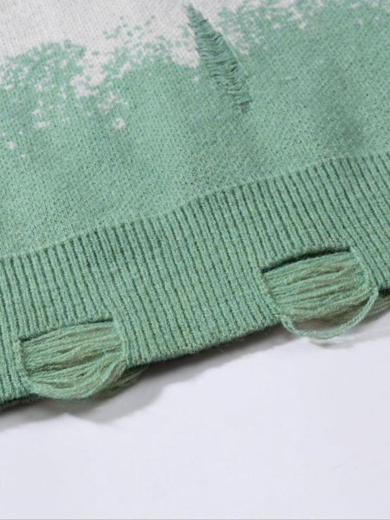 Unisex Letter Print Ripped Sweater, Men'S Loose Casual Long Sleeve round Neck Jumper for Spring & Fall, Fashion Men'S Knitwear for Daily Wear