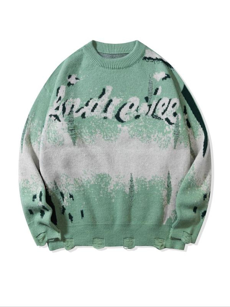 Unisex Letter Print Ripped Sweater, Men'S Loose Casual Long Sleeve round Neck Jumper for Spring & Fall, Fashion Men'S Knitwear for Daily Wear