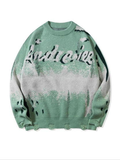 Unisex Letter Print Ripped Sweater, Men'S Loose Casual Long Sleeve round Neck Jumper for Spring & Fall, Fashion Men'S Knitwear for Daily Wear